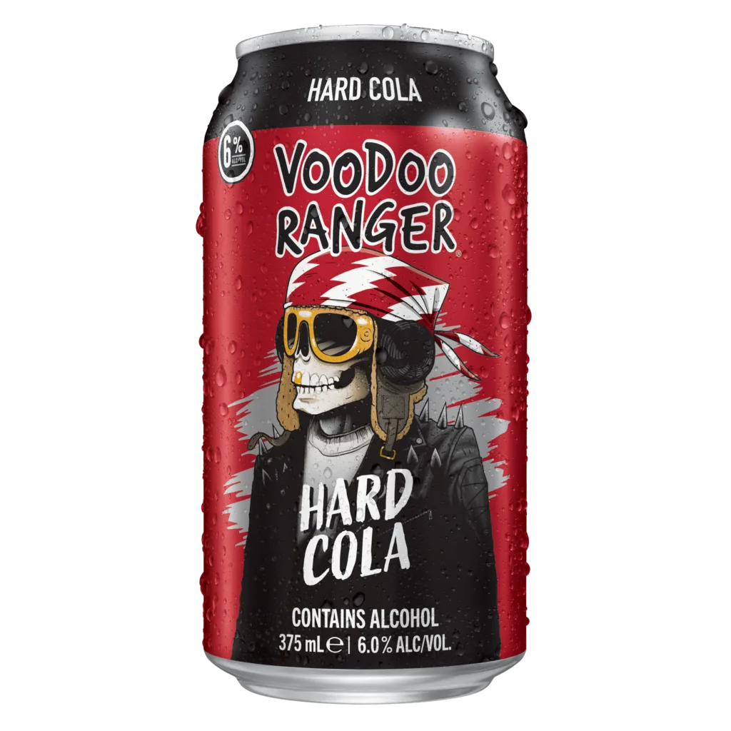 Voodoo Ranger Hard Cola can with a skull wearing a feathered headdress on a red and black label.