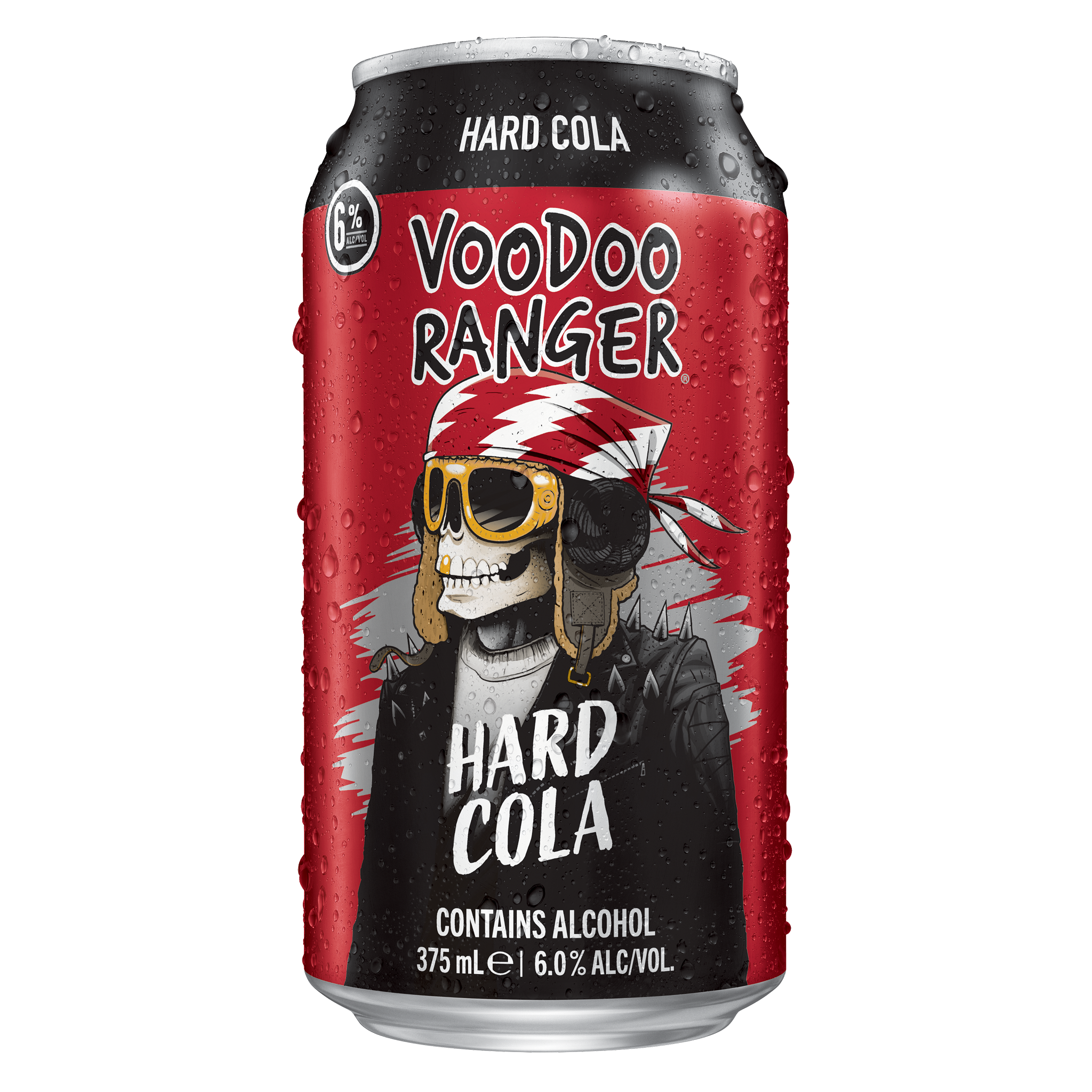 Voodoo Ranger Hard Cola can with a skull wearing a feathered headdress on a red and black label.