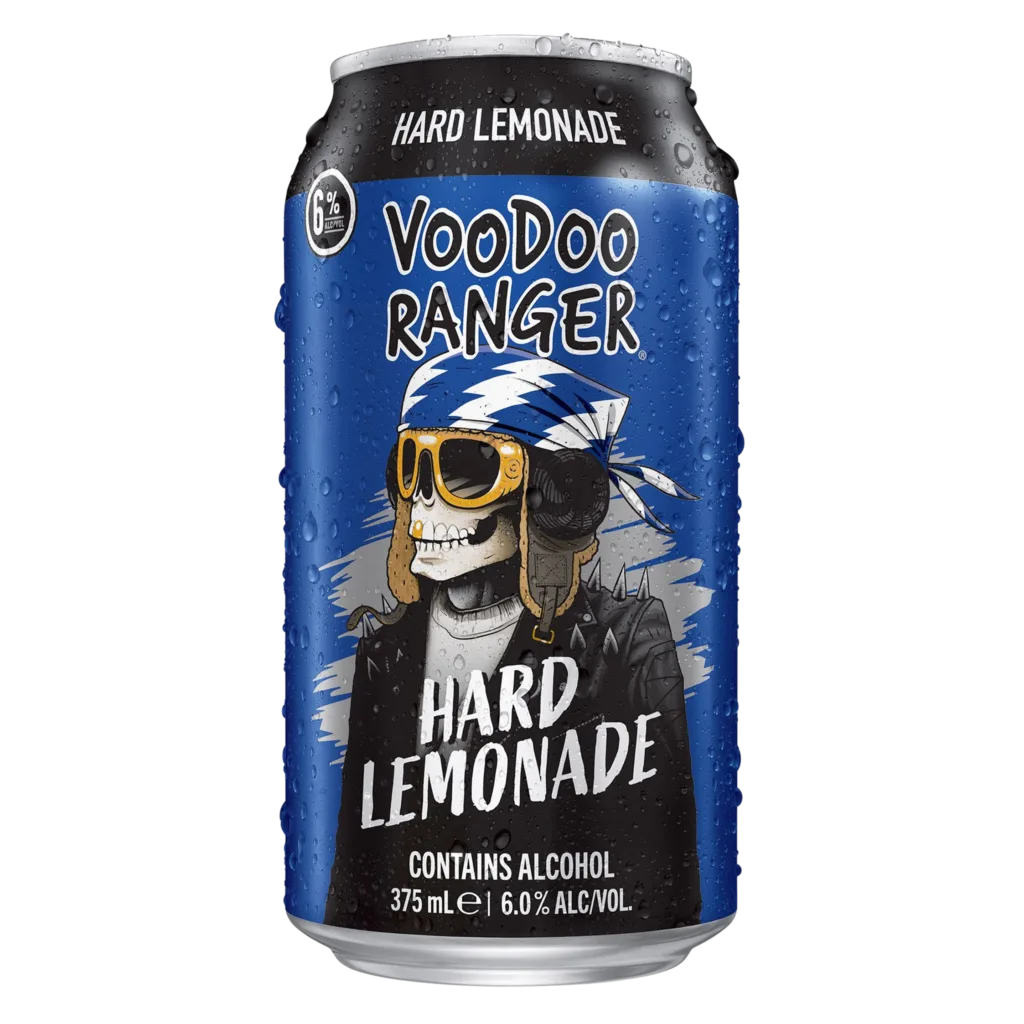 Can of Voodoo Ranger Hard Lemonade with blue label, skull mascot, and water droplets on the surface.