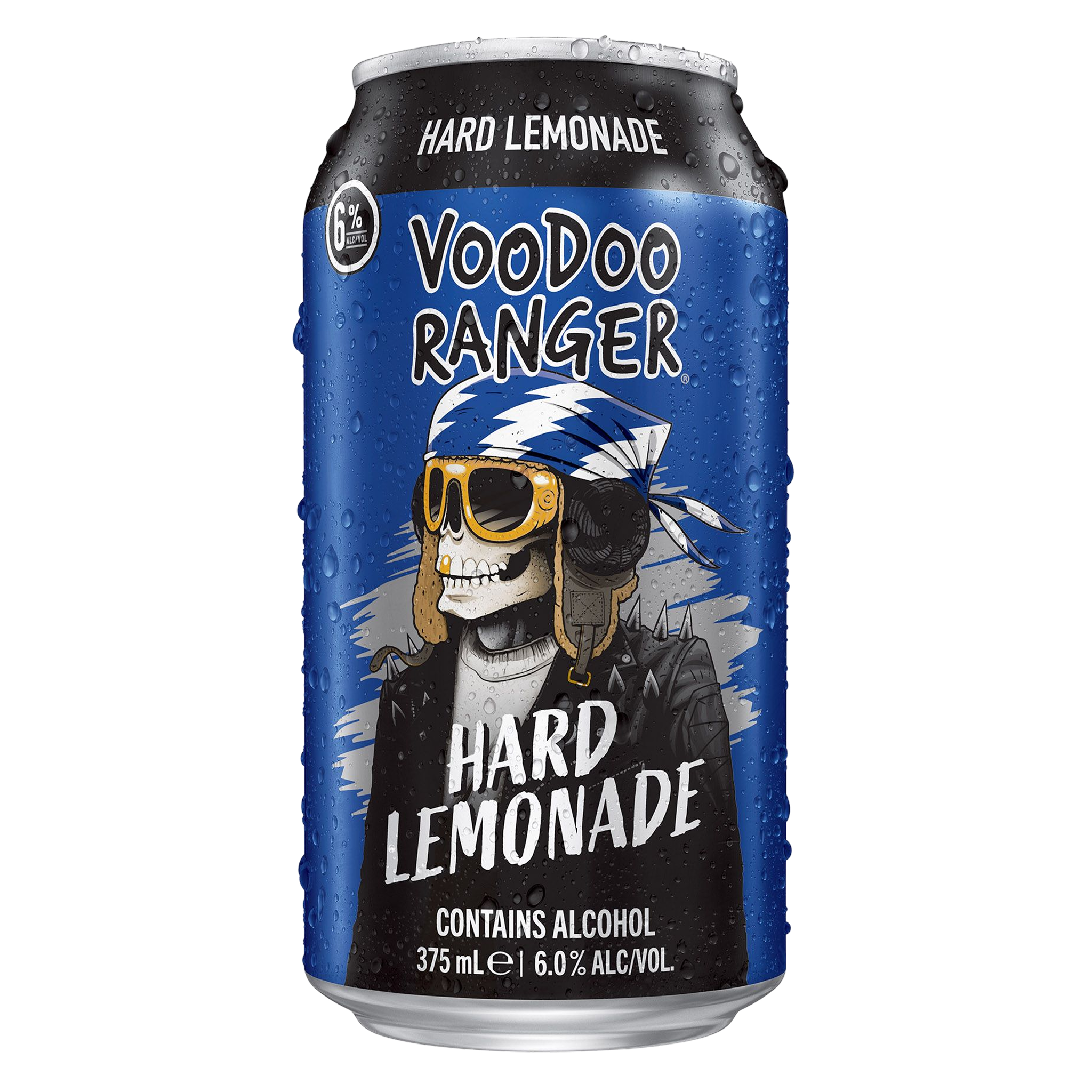 Can of Voodoo Ranger Hard Lemonade with blue label, skull mascot, and water droplets on the surface.
