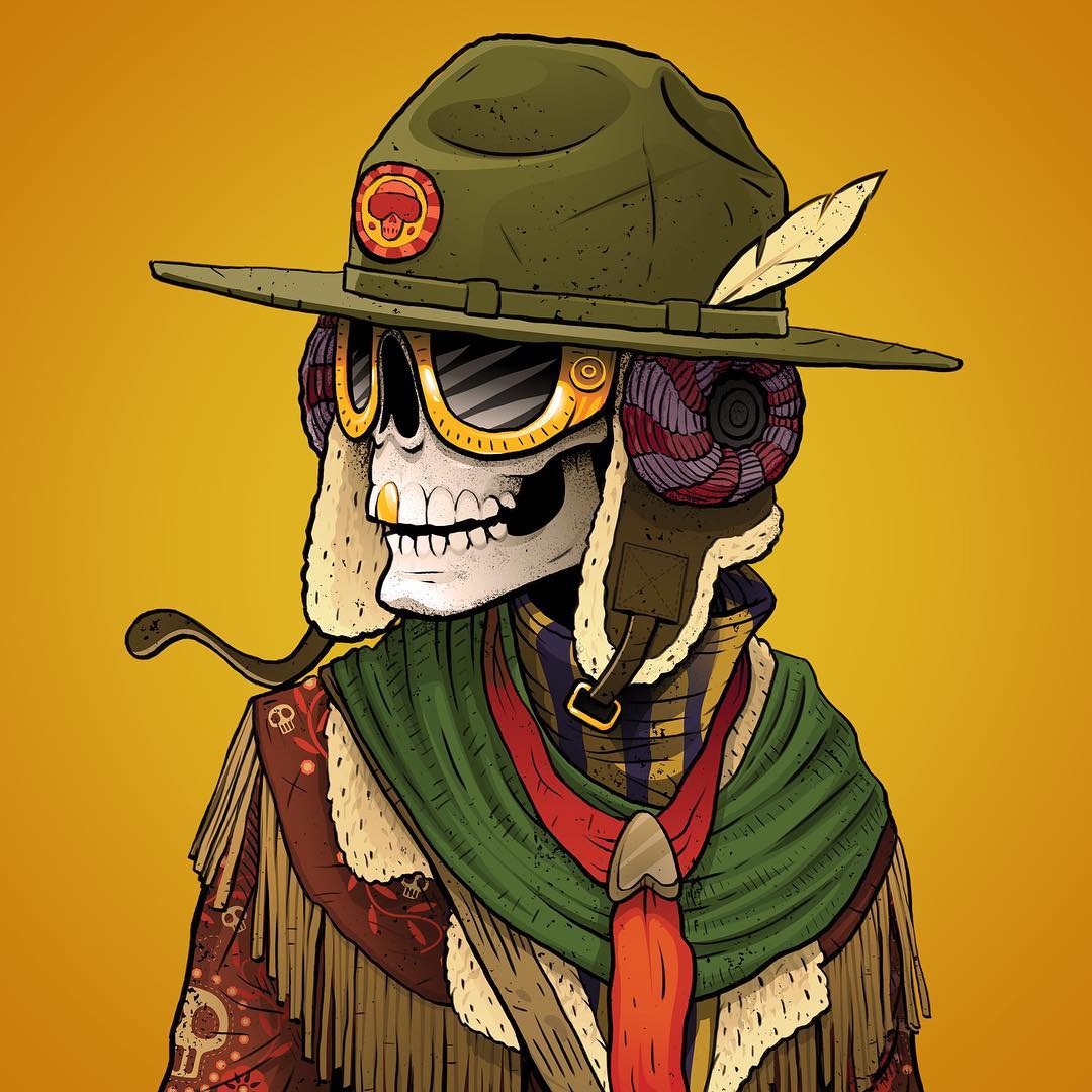 Cartoon skeleton cowboy wearing a green hat with a feather, orange goggles, and a green scarf against a yellow background.